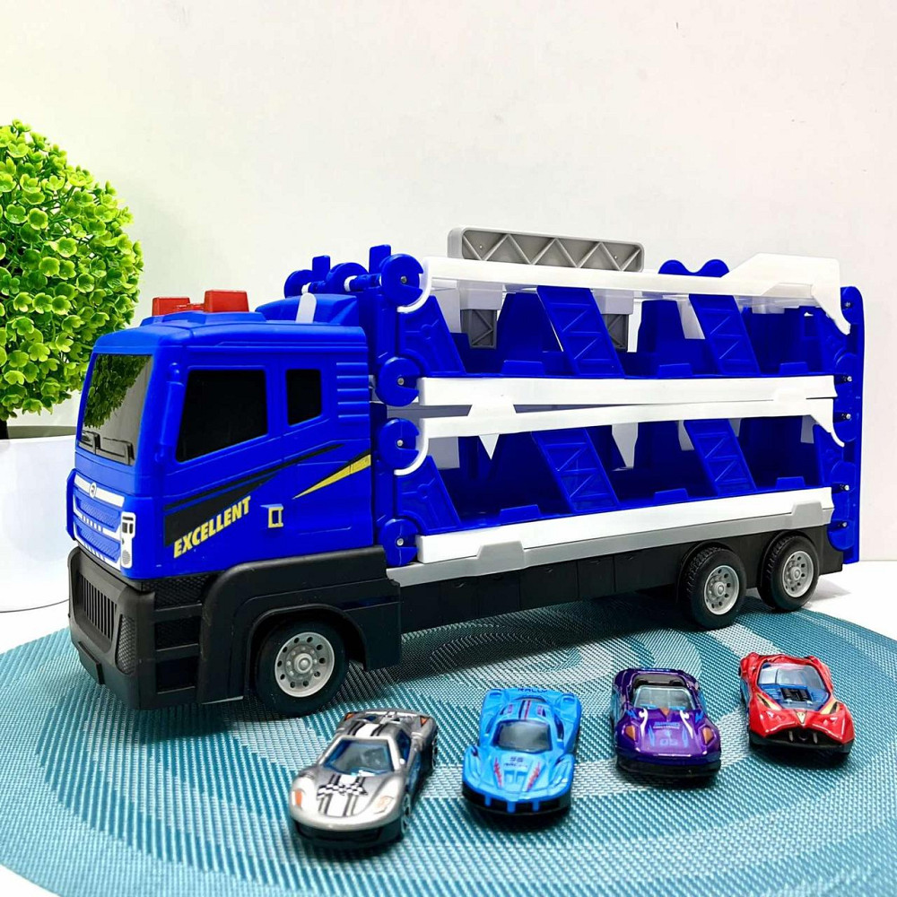 Автовоз інерційний з машинками рухомі деталі світлові та звукові ефекти Синій (D663-T204B) Чернігів - фото 1