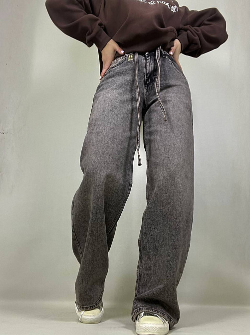 Джинси жіночі I8 52407 широкі Baggy банани з поясом мотузкою коричневі, коричневий, 29, 29, 80 см, 117 см Київ - фото 1