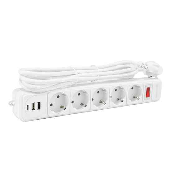 Сетевой фильтр с заземлением 5*3 метра, 2USB A + 1USB C, белый Днепр
