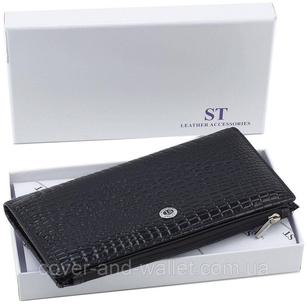 Тонкий жіночий гаманець для купюр та карток чорного кольору з лакової шкіри ST Leather 006 Київ - фото 8