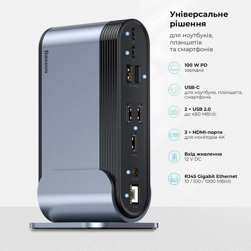 USB-хаб Baseus UnionJoy 17-Port Triple-Display Docking Station Space Grey（USB-C to Одесса - изображение 10