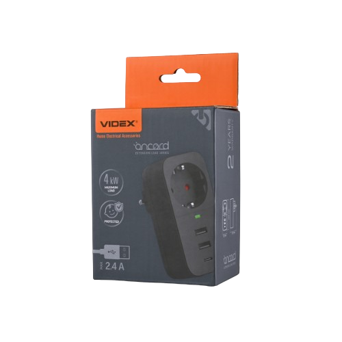 Мережевий адаптер 1 розетки/2USB-A/1Type-C із заземленням чорний VF-AD1G2U1C-B Oncord Videx Житомир