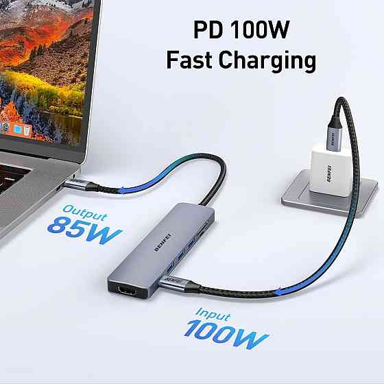 USB-хаб BENFEI 7в1, багатопортовий адаптер USB-C з HDMI, док-станція кардрідер SD/TF, PD 100 Вт для ноутбука, iPhone, iPad Київ
