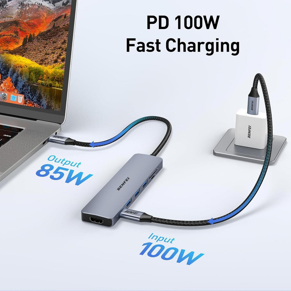 USB-хаб BENFEI 7в1, багатопортовий адаптер USB-C з HDMI, док-станція кардрідер SD/TF, PD 100 Вт для ноутбука, iPhone, iPad Київ - фото 6