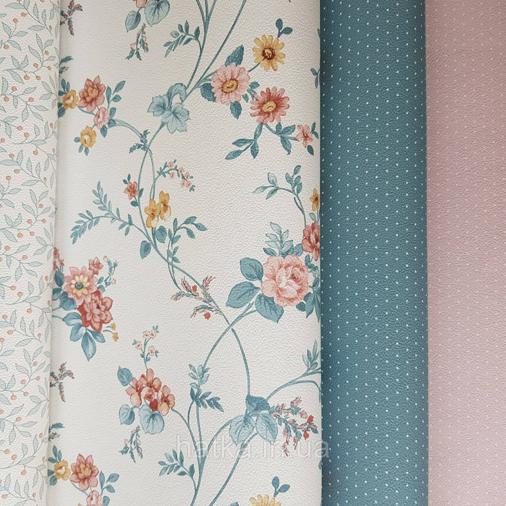 Шпалери вінілові на флізелін 0.53х10.05м Rasch Textil Petite Fleur 5.квіти троянди бордо кремові блакитні на білому Київ - фото 2