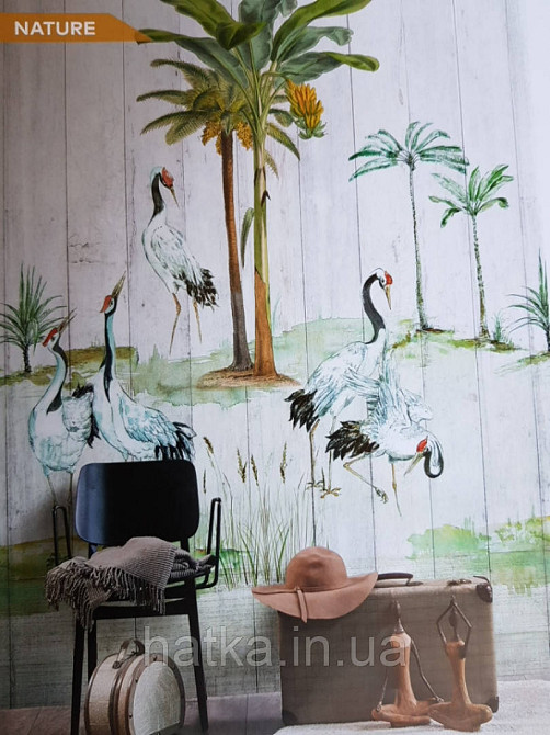 Шпалери вінілові Grandeco One roll one motif 2 A39401 панно озеро птиці дерева кущі на молочному під дерево Київ - фото 1