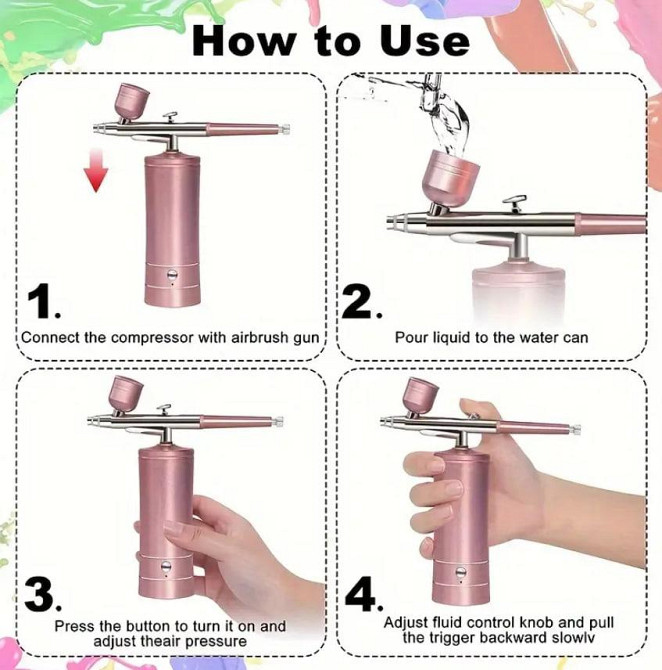 Портативний аерограф з компресором акумуляторний 0.3 мм | Портативний пістолет для фарбування, нейл- Київ - фото 3