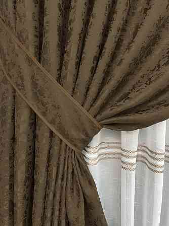 Комплект штор VR-Textil Льон Мармур 150х270 2шт і Тюль 500х270 1261ш-1429т Коричневий з білим 71-176/4 Київ