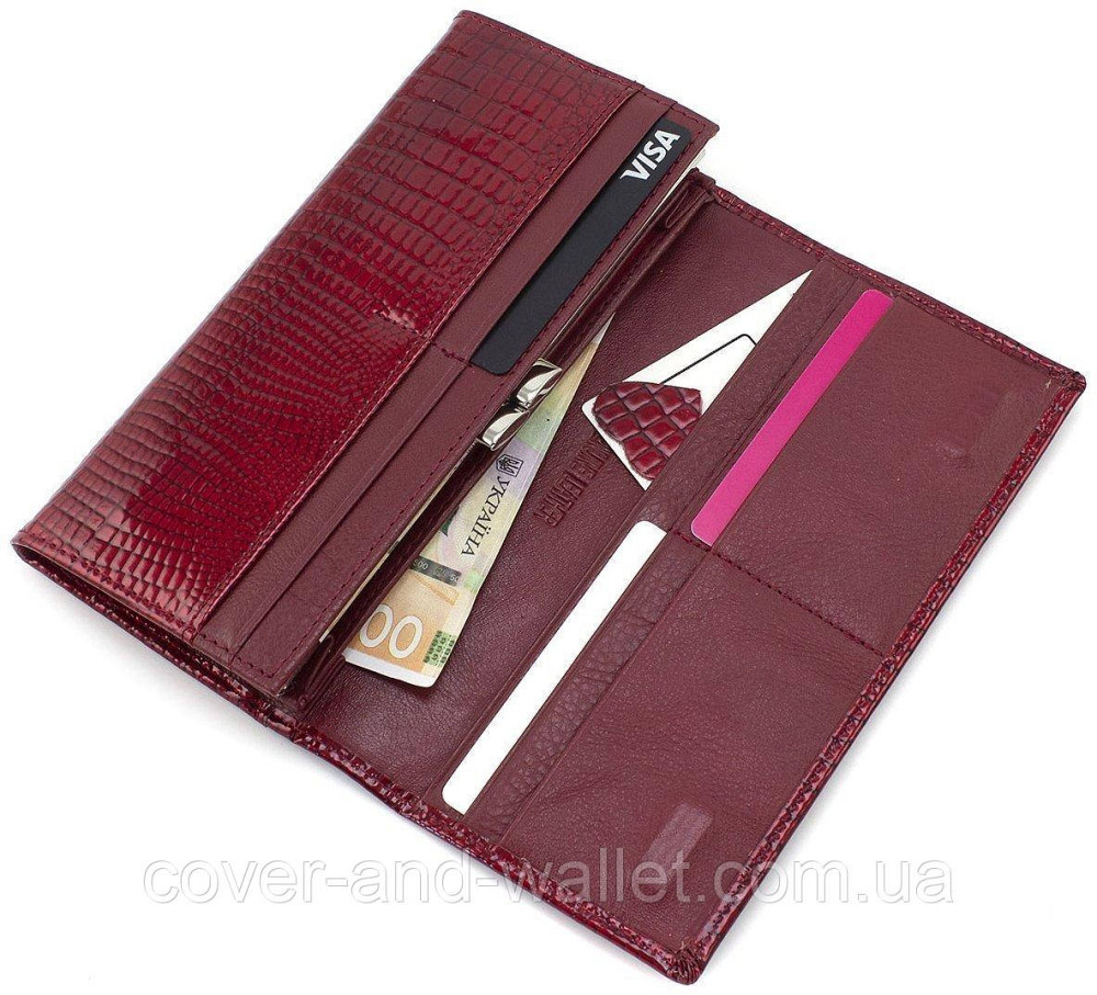 Довгий жіночий гаманець бордового кольору з лакової шкіри під рептилію ST Leather Київ - фото 7