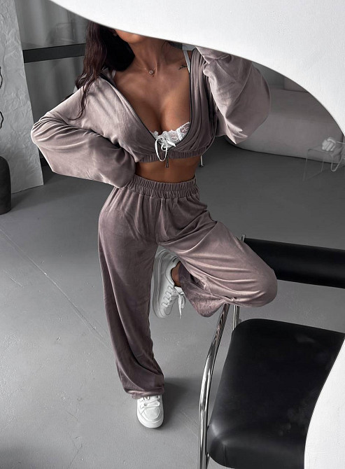 Женский плюшевый прогулочный костюм двойка: кофта и штаны турецкий велюр Бежевый, 46/48 Одесса - изображение 1