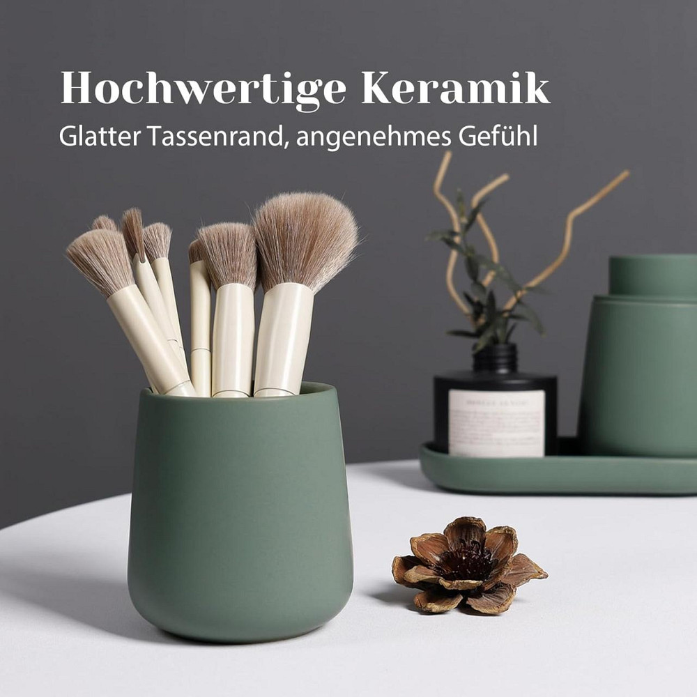 Набір аксесуарів для ванної 3 шт дозатор для мила 350 мл, стакан для щіток 320 мл, підставка для прикрас, зелений, кераміка Київ - фото 5