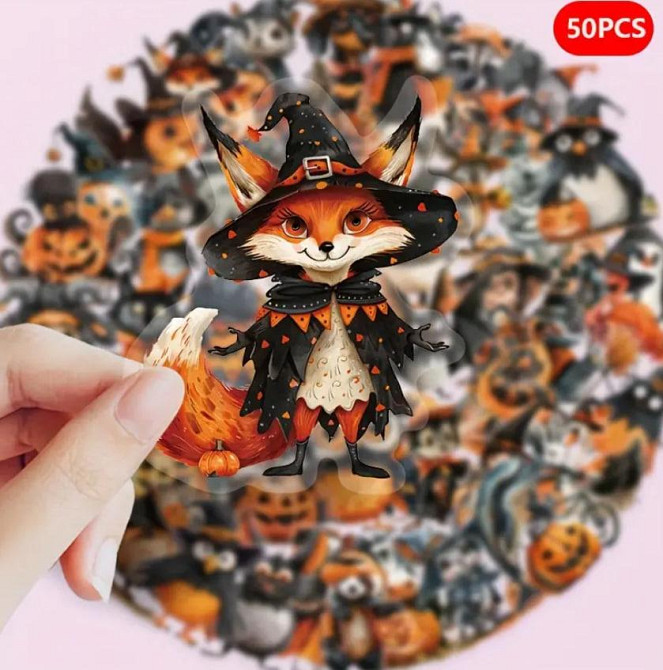 Наклейки на Хелловін 50 шт | Вінілові стікери “Тварини та відьмочка” водостійкі Київ - фото 2