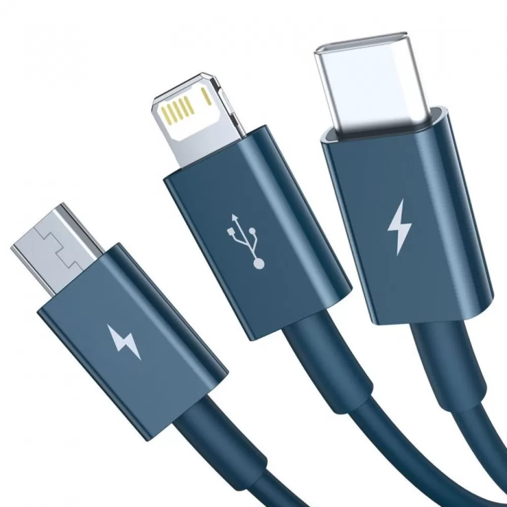Кабель Baseus 3в1 Fast Charging MicroUSB+TypeC+Lightning 3.5A CAMLTYS-03 (Блакитний, 1.5м) Миколаїв - фото 3
