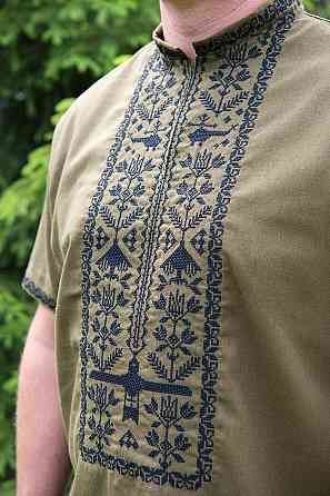 Вышиванка мужская, лен, короткий рукав,  хаки, топ Киев