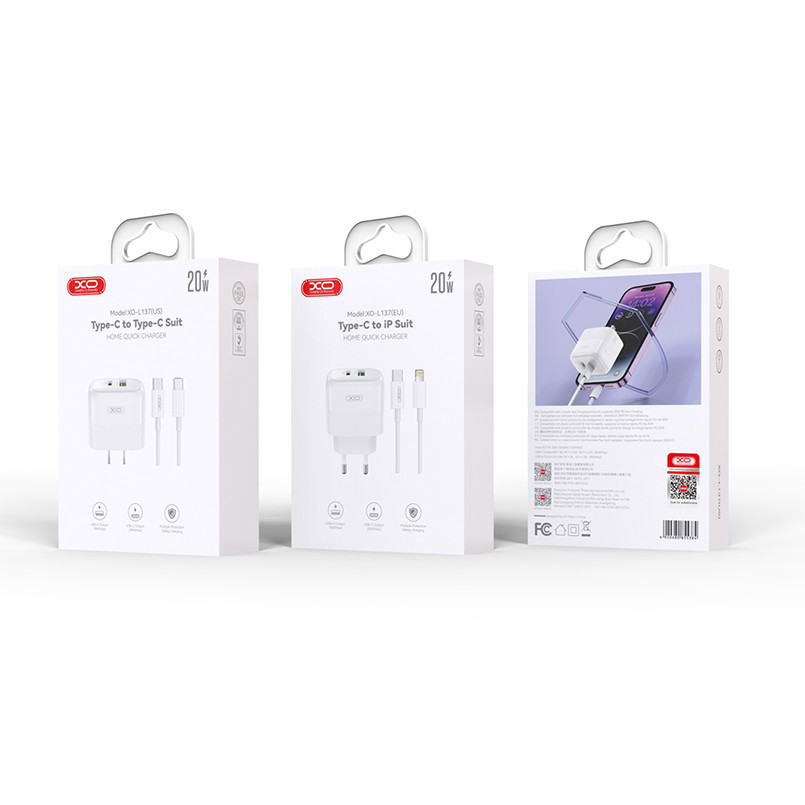 Мережевий зарядний пристрій XO L137 PD20W/QC18W 1USB-A+1USB-C + Lightning кабель білий Львів - фото 7