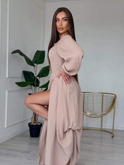 Жіноче романтичне плаття максі з натуральної тканини муслін 100% бавовна Беж, 46/48 Одеса - фото 6