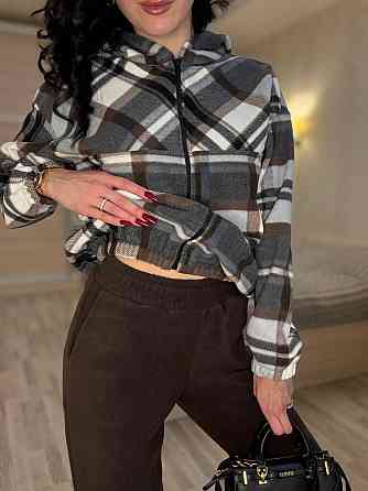 Женский прогулочный теплый костюм: кофта в клетку и штаны турецкий двусторонний флис Коричневый, 46/48 Одесса