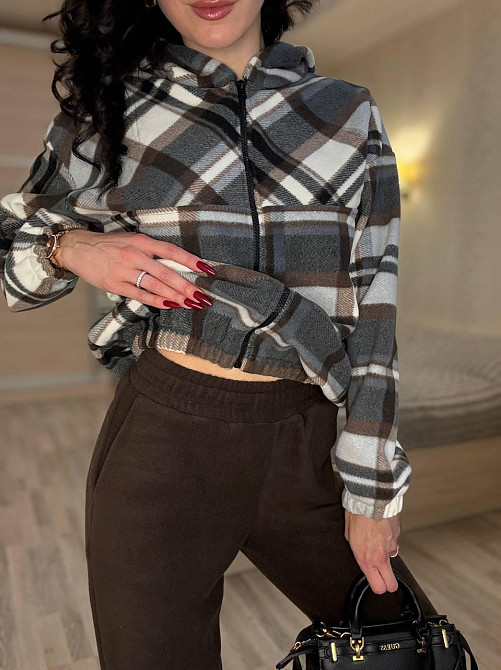 Женский прогулочный теплый костюм: кофта в клетку и штаны турецкий двусторонний флис Коричневый, 46/48 Одесса - изображение 4