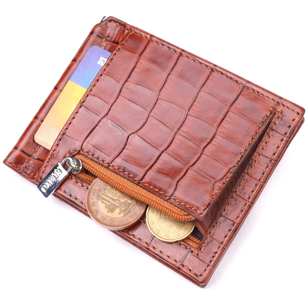 Фактурный зажим для мужчин из натуральной кожи с тиснением под крокодила Рыжий (KARYA) Киев - изображение 10