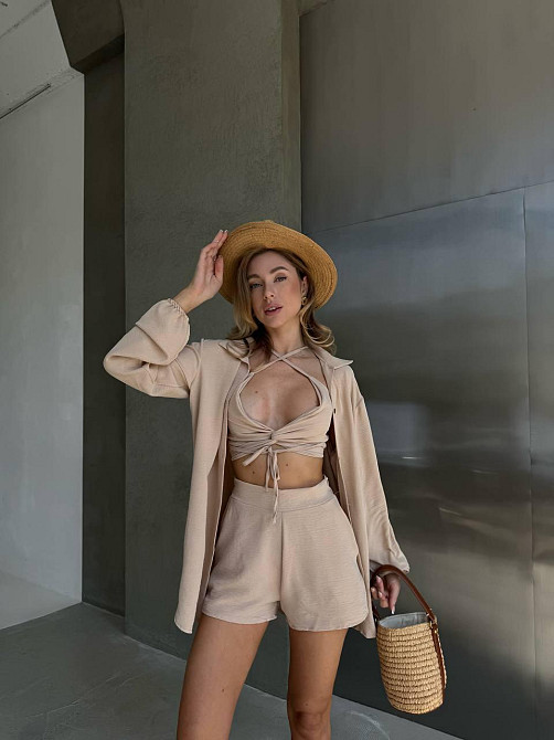 Женский летний костюм тройка: рубашка топ и шорты креп жатка Одесса - изображение 5