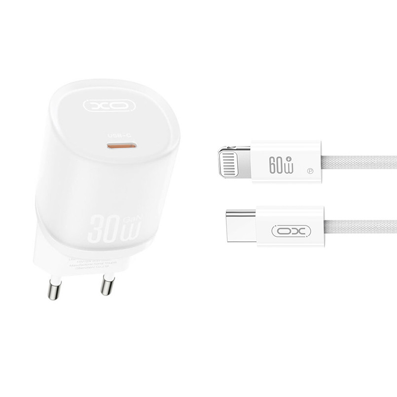 Мережевий зарядний пристрій XO L150 30W Single USB-C + Lightning кабель білий Львів - фото 1