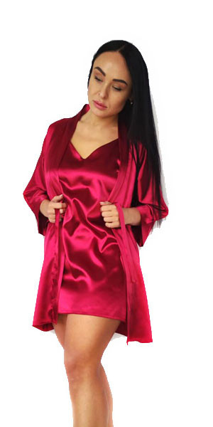 Женская атласная ночная рубашка с халатом Бордовый L Харьков - изображение 1