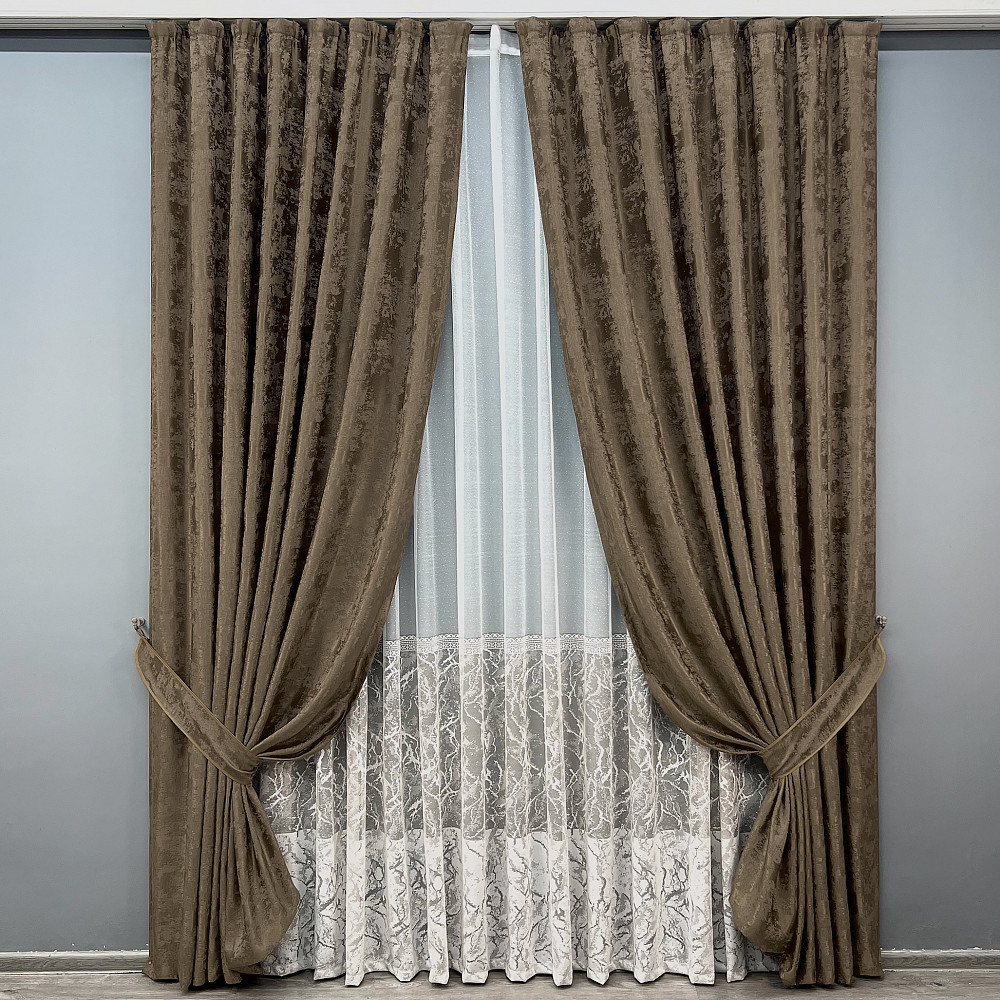 Комплект штор VR-Textil Жаккард Мрамор 200х270 2шт и Тюль 500х270 1203ш-1668т Коричневый с белым 71-119/6 Киев - изображение 1