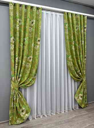 Комплект готових штор VR-Textil Льон з квітковим принтом "Прованс" № 1726ш Оливковий 200х265 см 2 шт (32-314) Київ