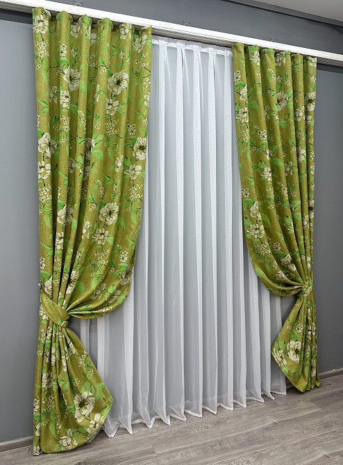 Комплект готових штор VR-Textil Льон з квітковим принтом "Прованс" № 1726ш Оливковий 200х265 см 2 шт (32-314) Київ - фото 3