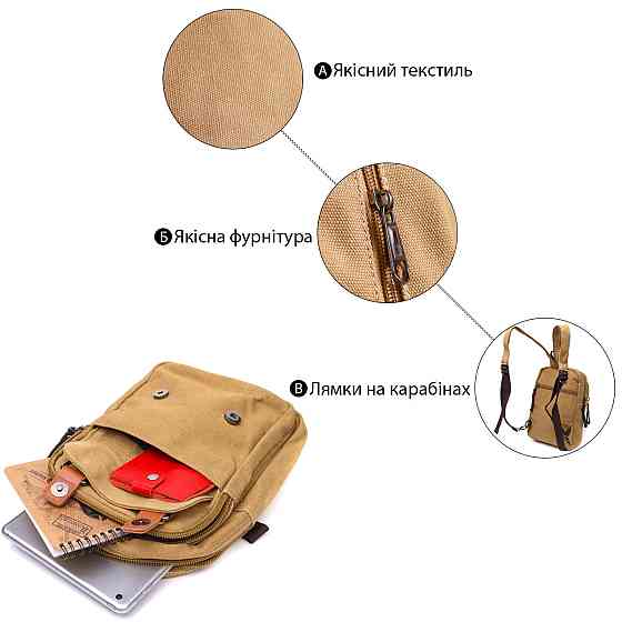 Удобная сумка-рюкзак в стиле милитари с двумя отделениями из плотного текстиля Vintage 22166 Песочный Киев