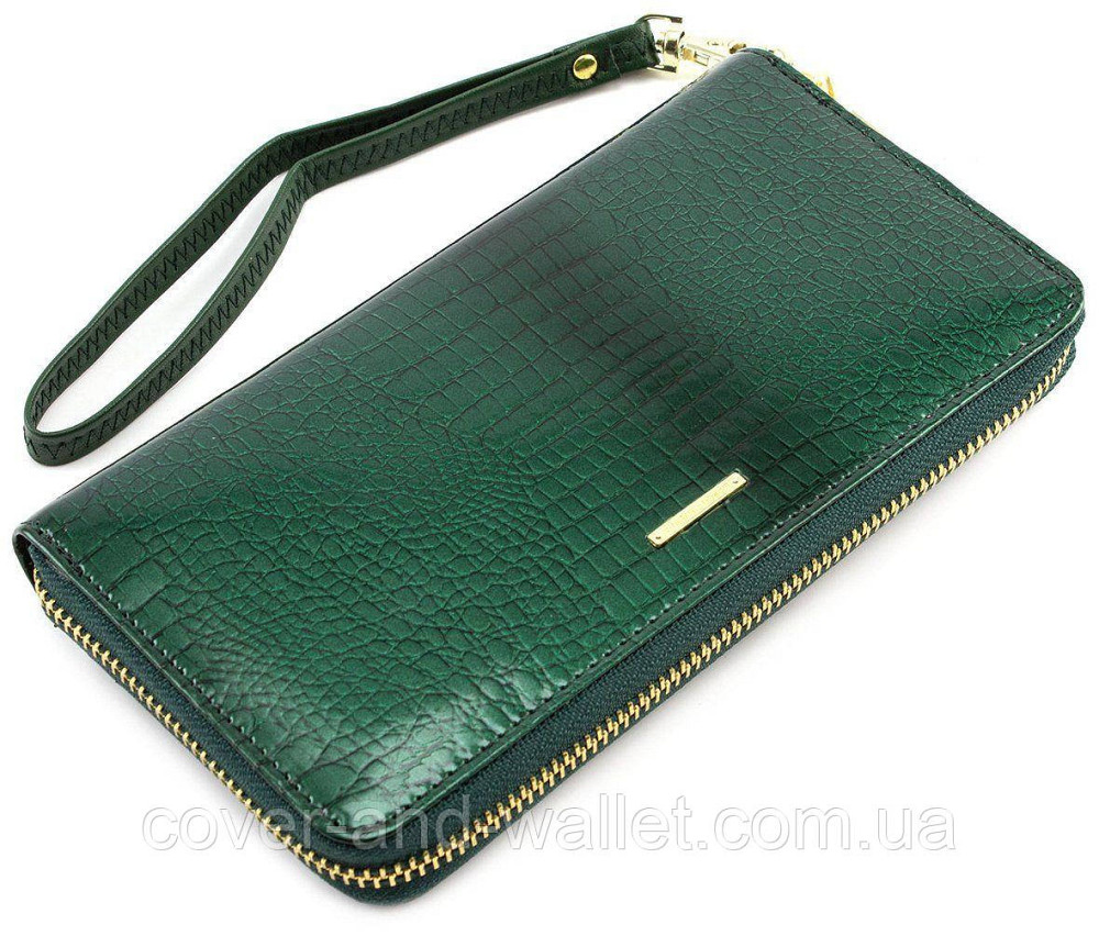 Большой женский кожаный лаковый кошелек на молнии зеленого цвета Marco Coverna Киев - изображение 5