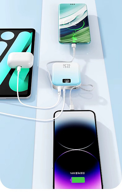 Мини-повербанк 10000 mAh с быстрой зарядкой 22.5W, с Power Delivery 20W и встроенными кабелями Lightning и Type-C,purple Каменец-Подольский - изображение 2