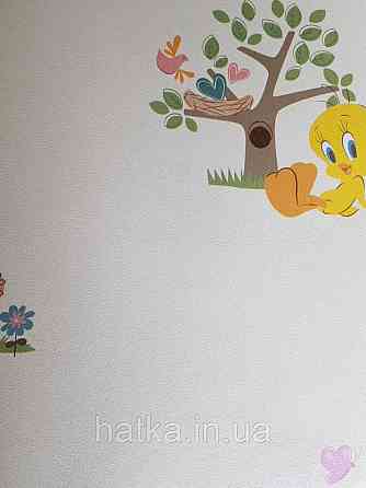 Обои виниловые на флизелине AdaWall Ada Kids метровые детские цыпленок бабочки птицы сердечки цветы на желтом Киев