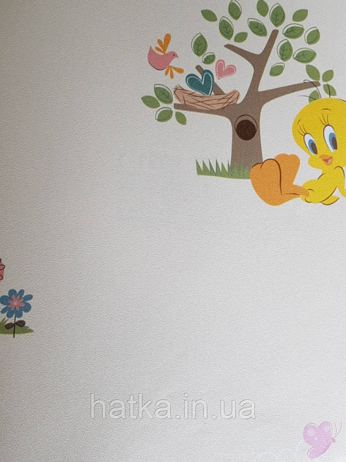 Обои виниловые на флизелине AdaWall Ada Kids метровые детские цыпленок бабочки птицы сердечки цветы на желтом Киев - изображение 1