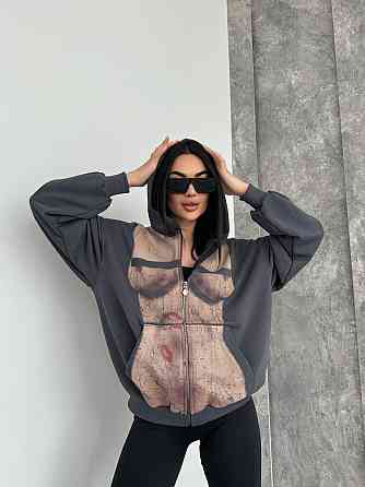 Женская стильная оверсайз худи с капюшоном на молнии петля пенье + турецкая рибана Графит, 48/50 Одесса