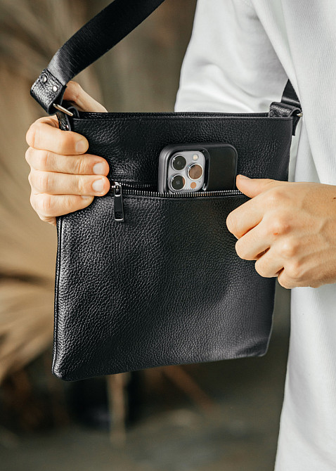 Чоловіча барсетка, чорна сумка через плече з натуральної шкіри, класичний месендджерMasterSem Київ - фото 4
