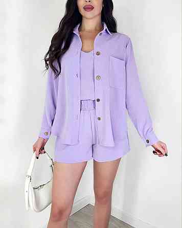 Жіночий легкий костюм-трійка: сорочка, майка та шорти креп жатка Фіолетовий, 42/44 Одеса
