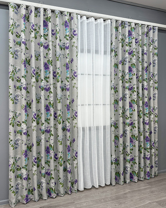 Комплект штор VR-Textil Лен Прованс 150х270 2шт и Тюль 500х270 2084ш-115т Светло-серый с фиолетовым и белым 71-219/4 Киев - изображение 3