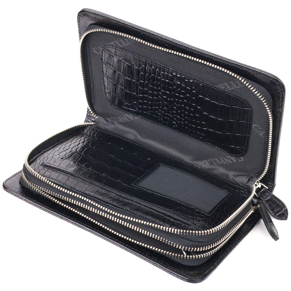 Стильная мужская барсетка на два отделения из натуральной фактурной кожи с тиснением под крокодила CANPELLINI 21570 Черная Киев - изображение 7