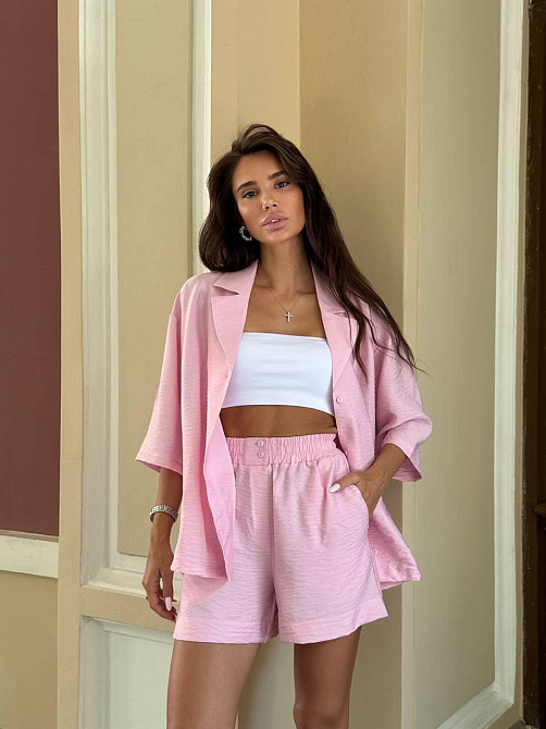 Жіночий літній базовий костюм: шорти + сорочка вільного крою льон бохо Рожевий, 46/48 Одеса - фото 14