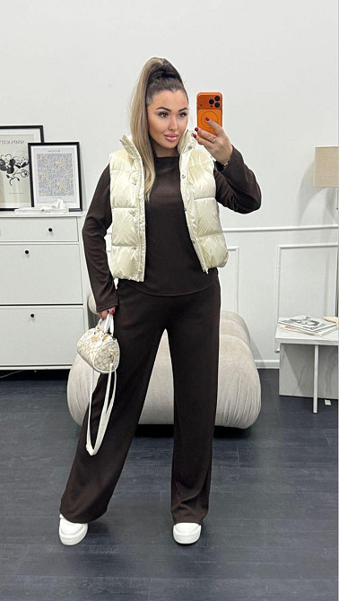 Женский базовый костюм двойка: лонгслив и штаны трикотажный рубчик Шоколадный, 46/48 Одесса - изображение 6