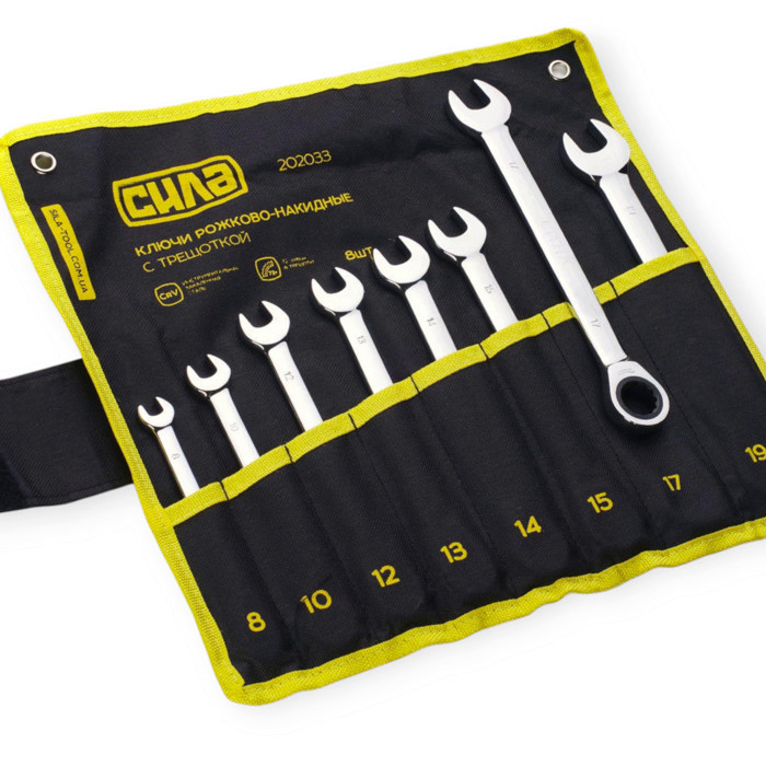 Набір ключів ріжково-накидних з тріскачкою 8-19 мм 8 шт (ткан. чохол) CrV Мукачево - фото 1