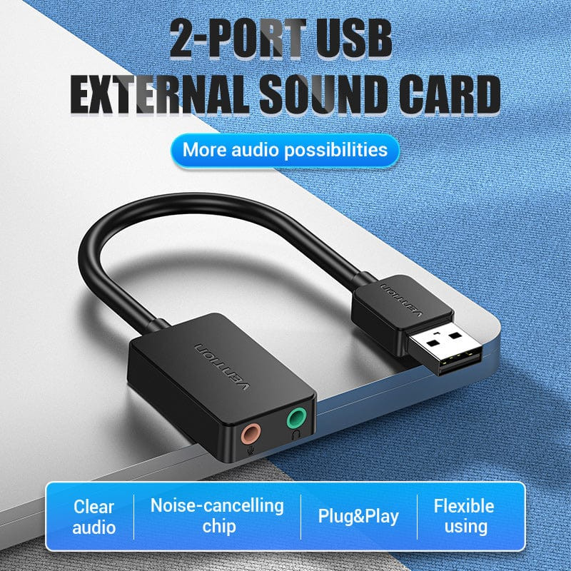 Звукова карта USB AUX jack, 2*TRS (Mic + Ear) 0.15м  Vention чорна Винница - изображение 2
