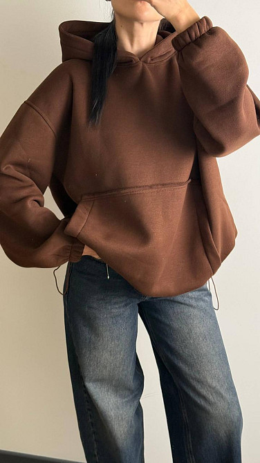 Жіноче тепле об'ємне базове худі оверсайз крою турецька тринитка на флісі Шоколад Одеса - фото 1