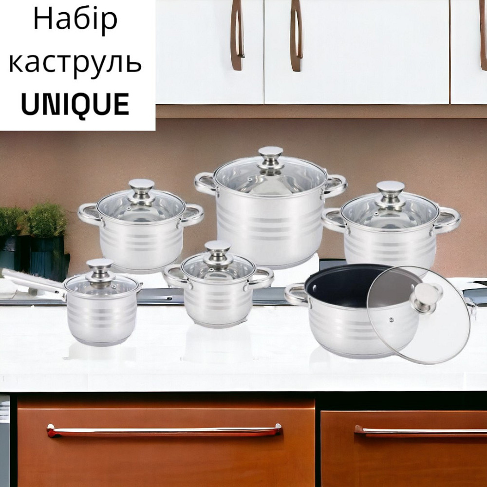 Набор кастрюль UNIQUE UN-5036 из пищевой нержавеющей стали 12п с крышками разних размеров Одесса - изображение 1