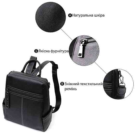 Місткий жіночий рюкзак-сумка прошитий білим рядком з натуральної шкіри Vintage 22314 Чорний Київ