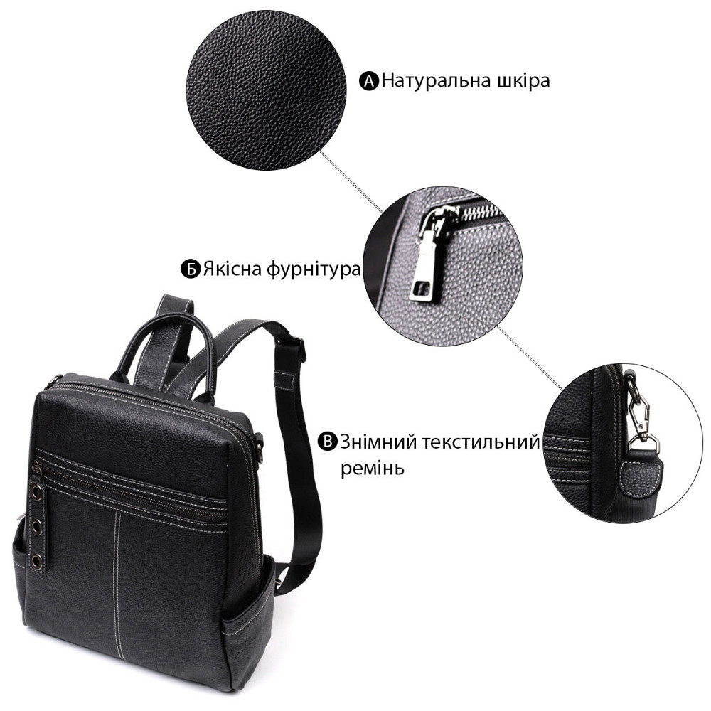 Вместительный женский рюкзак-сумка прошитый белой строчкой из натуральной кожи Vintage 22314 Черный Киев - изображение 4