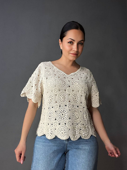 Блузка женская A-N 5303 кружевная вязаная с коротким рукавом, бежевый, one size Киев - изображение 15