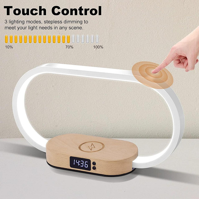 Настольная лампа Wanjiaone с часами, LED, диммером, 10W беспроводная зарядка, USB, бело-деревянная Киев - изображение 8