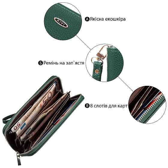 Кошелек женский на одну молнию из экокожи флотар Зеленый (KIVI) Киев